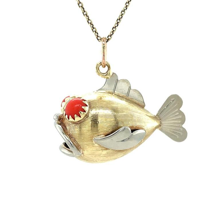 Bicolour gouden vintage vis hanger met kleursteen 14 kt, Sieraden, Tassen en Uiterlijk, Kettinghangers, Nieuw, Ophalen of Verzenden