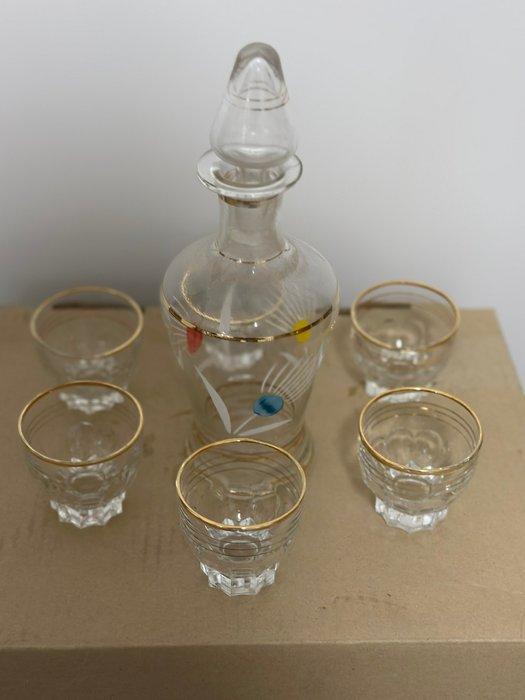 Drinkset (7) - Glas, gouden pierewaai - Set likeuren vintage, Antiek en Kunst, Curiosa en Brocante