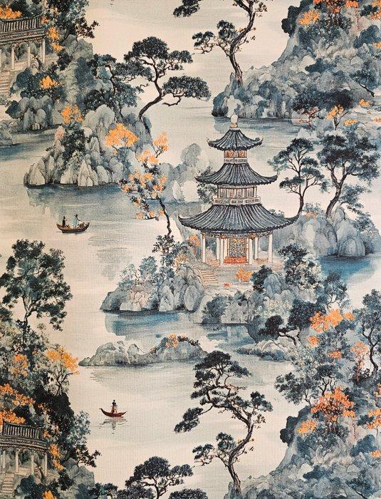 Exclusief oosters textiel met pagode - 280x280cm - Japan, Antiek en Kunst, Antiek | Kleden en Textiel