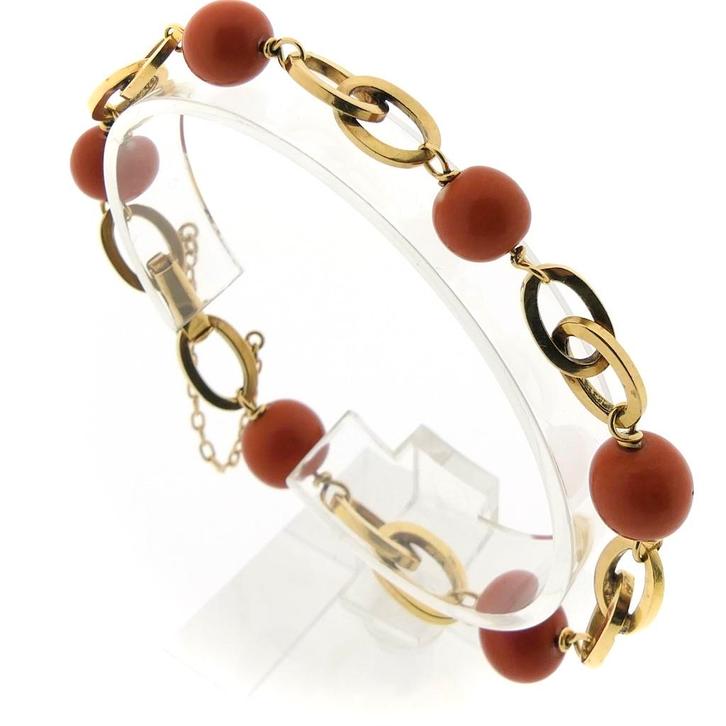 18 Krt. Gouden armband met bloedkoraal, Antiek | 19 cm, Sieraden, Tassen en Uiterlijk, Armbanden, Overige kleuren, Gebruikt, Met edelsteen