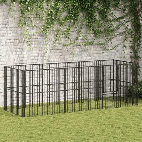 vidaXL Hondenkennel 8 panelen gepoedercoat staal zwart, Dieren en Toebehoren, Hondenhokken, Nieuw, Verzenden