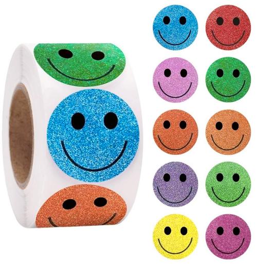 500 Stickers Op Rol - 2.5cm - Emoji / Smiley Glitter -, Diversen, Cadeauverpakkingen, Verzenden