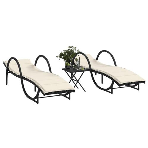 vidaXL Ligbedden 2 st met tafel poly rattan zwart, Tuin en Terras, Ligbedden, Nieuw, Verzenden