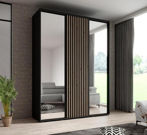 Kledingkast 180cm Zwart - Spiegels - Latjes - Garderobekast, Huis en Inrichting, Kasten | Vitrinekasten, 50 tot 75 cm, Nieuw, 200 cm of meer