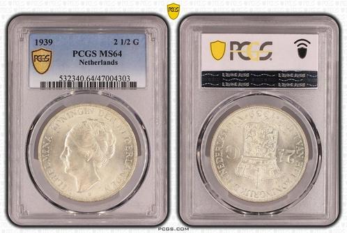 Koningin Wilhelmina 2 1/2 gulden 1939 MS64 PCGS, Postzegels en Munten, Munten | Nederland, Losse munt, Koningin Wilhelmina, Zilver