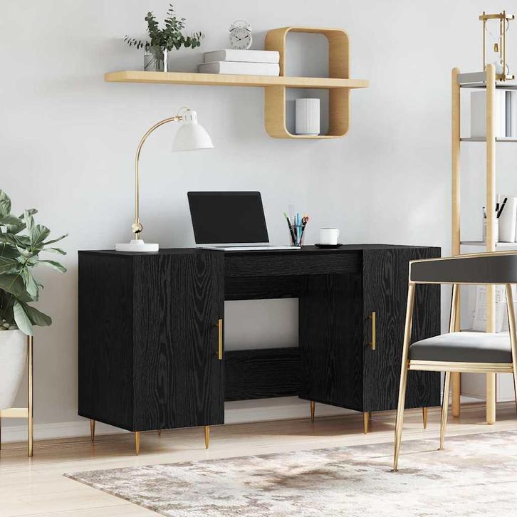 vidaXL Bureau met plank met opslag Zwart eiken Bewerkt hout, Huis en Inrichting, Bureaus, Nieuw, Verzenden
