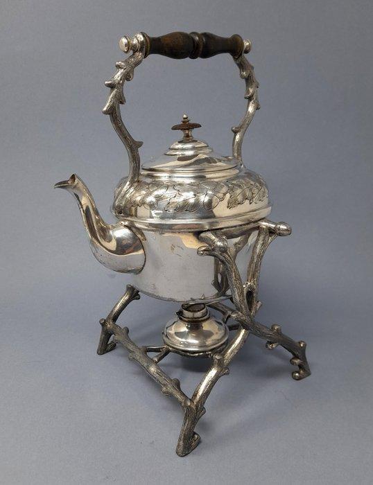 Waterkoker op standaard en brander - Hout, Verzilverd -, Antiek en Kunst, Antiek | Overige Antiek