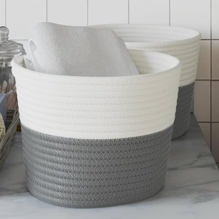 vidaXL Opbergmanden 2 st Ø 24x18 cm katoen grijs en wit, Huis en Inrichting, Woonaccessoires | Schalen en Manden, Nieuw, Verzenden