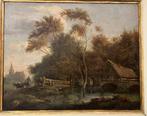 Belgische school (XIX) - Paesaggio con fiume e ponticello -, Antiek en Kunst, Kunst | Schilderijen | Klassiek