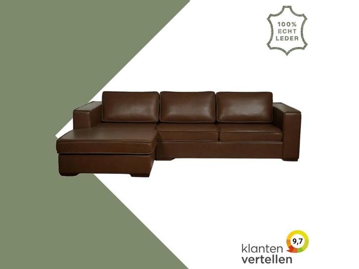 Leren hoekbank Fine - 2,5 zits arm rechts + longchair links, Huis en Inrichting, Banken | Bankstellen, 250 tot 300 cm, 75 tot 100 cm