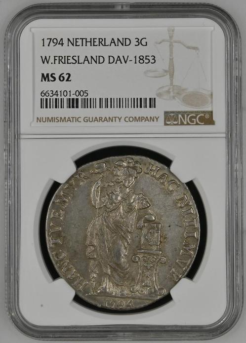 Provincie W.Friesland 3 gulden 1794 generaliteits NGC, Postzegels en Munten, Munten | Nederland, Losse munt, Zilver, Verzenden