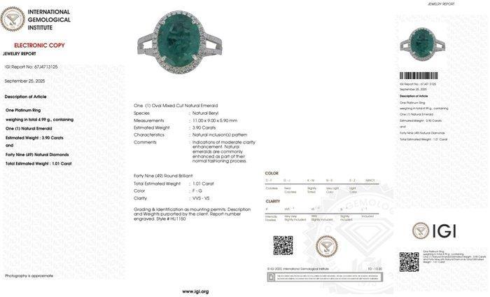 Ring Platina - 4.91ct. tw. Smaragd - Diamant, Sieraden, Tassen en Uiterlijk, Ringen