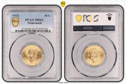 Gouden Wilhelmina 10 gulden 1933 MS63 gecertificeerd PCGS, Postzegels en Munten, Munten | Nederland, Losse munt, 10 gulden, Koningin Wilhelmina