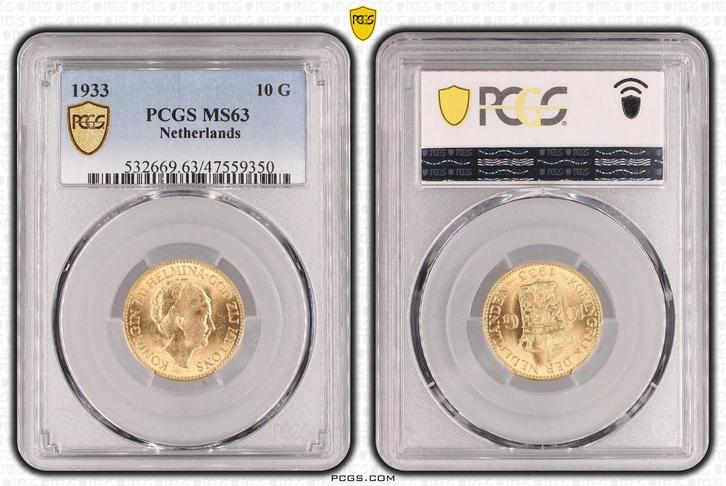 Gouden Wilhelmina 10 gulden 1933 MS63 gecertificeerd PCGS, Postzegels en Munten, Munten | Nederland, Losse munt, 10 gulden, Koningin Wilhelmina