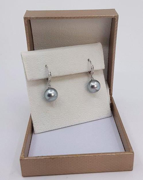 Oorbellen - 14 karaat Witgoud - 0.09ct. tw. - 9x10mm, Sieraden, Tassen en Uiterlijk, Oorbellen