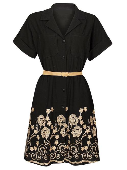 Jurk Zwart Bloemen Goud L (40), Kleding | Dames, Jurken, Verzenden