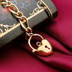 9 Karaat fantasieschakel armband met hart slot, Ophalen of Verzenden, Gebruikt, Overige kleuren, Goud