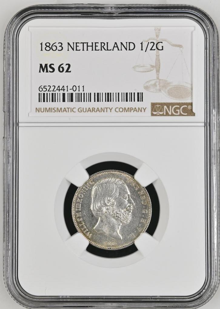 Koning Willem III - halve gulden 1863 MS62 NGC, Postzegels en Munten, Munten | Nederland, Losse munt, Koning Willem III, Zilver