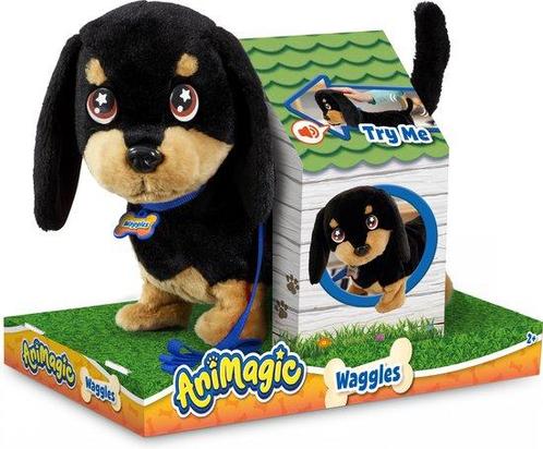 Animagic Waggles Knuffel Hond - Zwart - Interactieve Knuffel, Kinderen en Baby's, Speelgoed | Knuffels en Pluche, Zo goed als nieuw