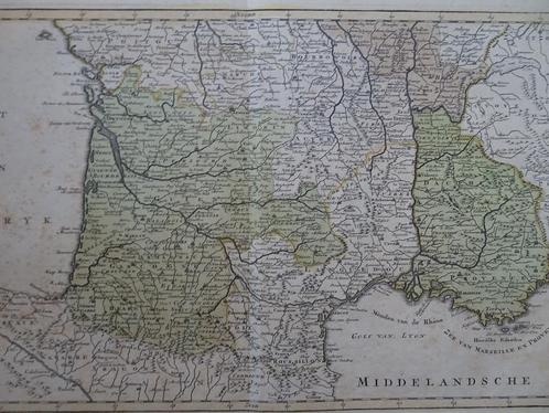 Gravure kleur plattegrond Zuidelijk Frankrijk, Tirion 1757, Antiek en Kunst, Kunst | Etsen en Gravures, Verzenden