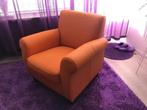 Leren fauteuil met houten poten - oranje leer, Ophalen of Verzenden, Nieuw, Leer
