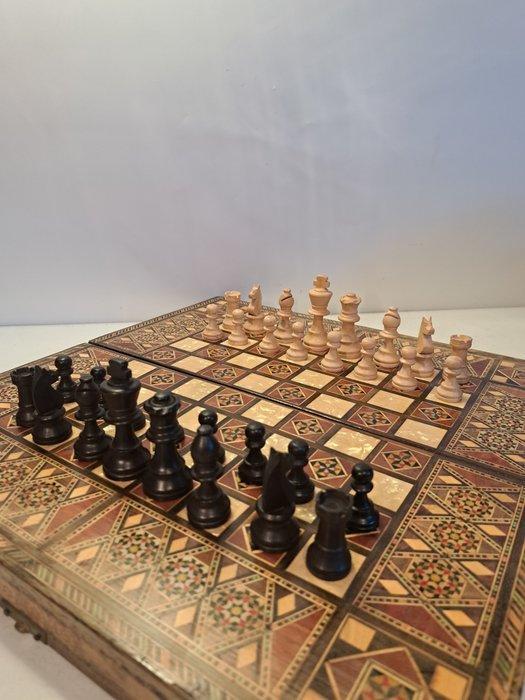Schaakspel - Parelmoer ingelegd schaakspel - backgammon -, Antiek en Kunst, Curiosa en Brocante