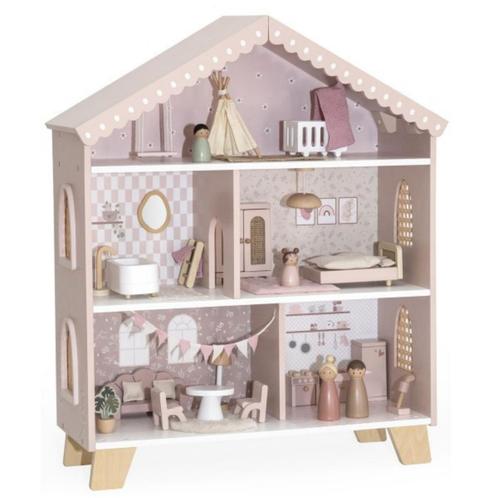 Roze houten poppenhuis met speelse details (Speelgoed), Kinderen en Baby's, Speelgoed | Houten speelgoed, Nieuw, Ophalen of Verzenden
