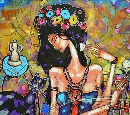 Wiktor Bezrukow (1972) - Tea with cats, Antiek en Kunst, Kunst | Schilderijen | Modern