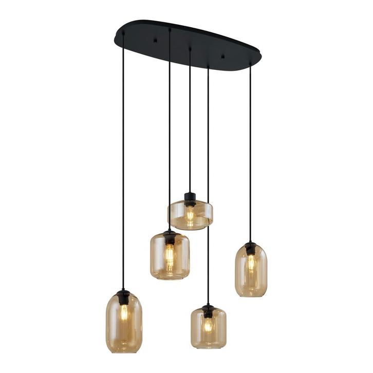 Moderne hanglamp zwart met amber glas 5-lichts - Sheena, Huis en Inrichting, Lampen | Hanglampen, Nieuw, Metaal, 75 cm of meer