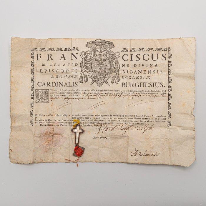 Heilig kruis relikwie met document - Bergkristal - 1750-1800, Antiek en Kunst, Kunst | Niet-Westerse kunst