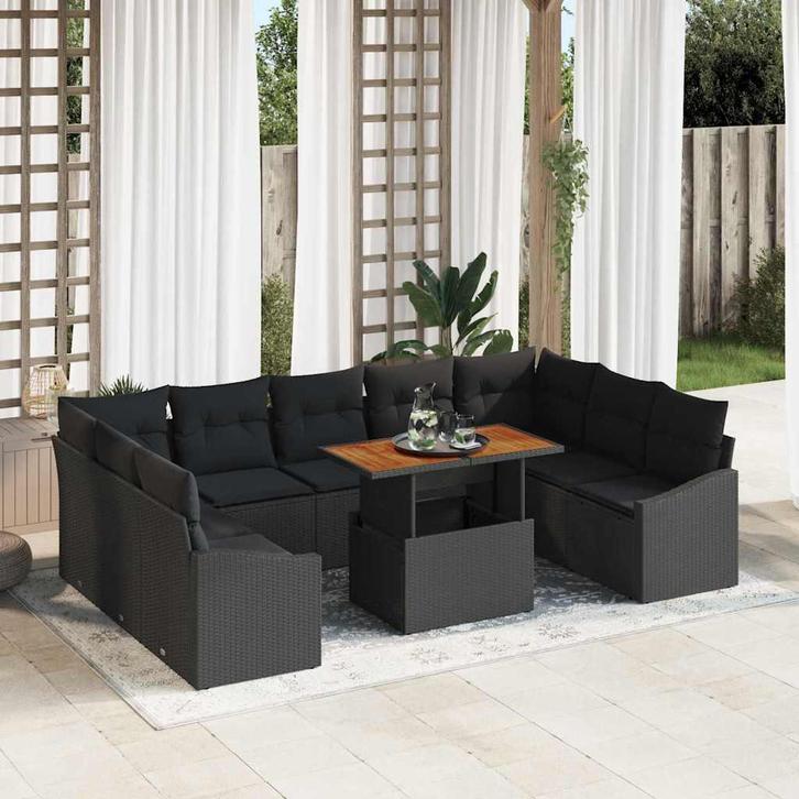 vidaXL Tuin Eetset met kussen 10 pcs Zwart en Bruin 100 x 55, Tuin en Terras, Tuinsets en Loungesets, Nieuw, Rotan, Verzenden