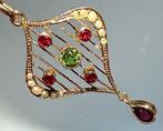 Hanger - 9 kt. Geel goud Olivijn - Robijn - 9ct Art Nouveau, Sieraden, Tassen en Uiterlijk, Antieke sieraden