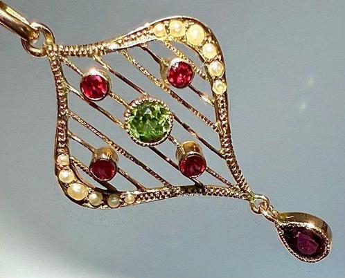 Hanger - 9 kt. Geel goud Olivijn - Robijn - 9ct Art Nouveau, Sieraden, Tassen en Uiterlijk, Antieke sieraden