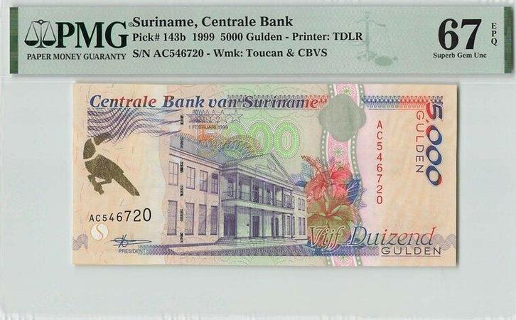 1999 Suriname P 143b 5000 Gulden Pmg 67 Epq, Postzegels en Munten, Bankbiljetten | Europa | Niet-Eurobiljetten, Verzenden