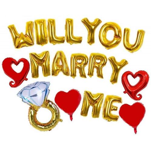 19-delige ballonnen set Will You Marry Me goud met rood, Hobby en Vrije tijd, Feestartikelen, Valentijn of Romantisch, Versiering