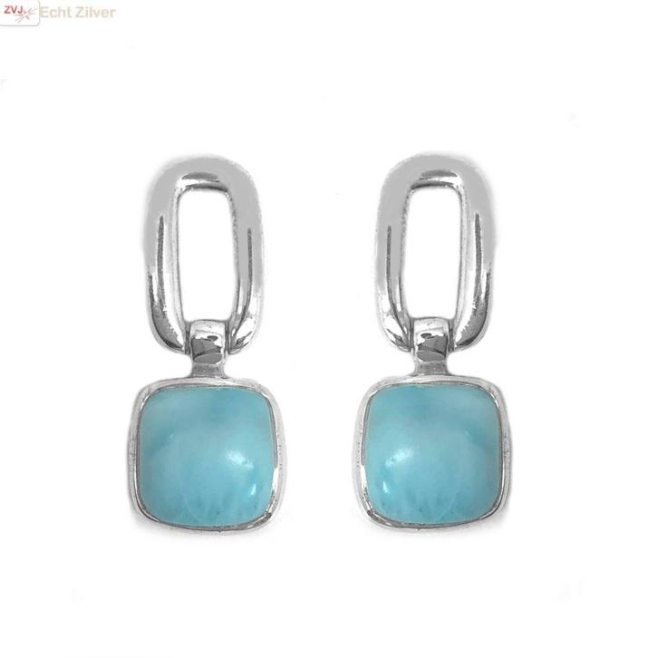 Zilveren vierkante Larimar oorhangers, Sieraden, Tassen en Uiterlijk, Oorbellen, Nieuw, Verzenden