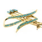 18 krt. Gouden broche met turquoise (vintage, geelgoud), Sieraden, Tassen en Uiterlijk, Broches, Gebruikt, Overige kleuren, Ophalen of Verzenden