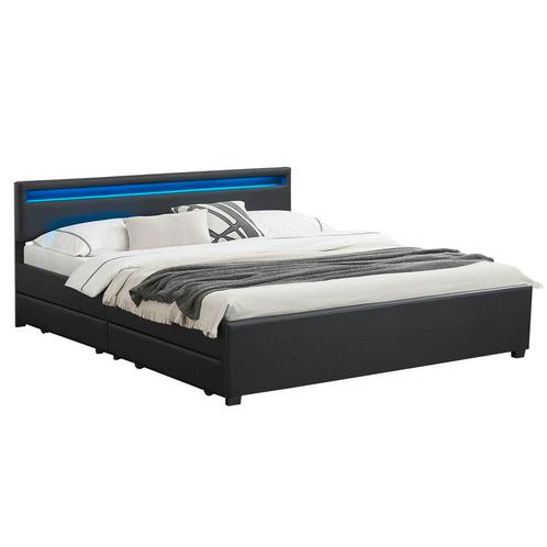 Gestoffeerd bed Lyon - 180 x 200 cm - Zwart - LED Verlichtin, Huis en Inrichting, Slaapkamer | Bedden, Nieuw, Verzenden