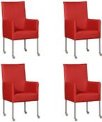 Set van 4 Rode leren moderne eetkamerstoelen - poot rond rvs, Overige kleuren, Nieuw, Leer, Ophalen of Verzenden