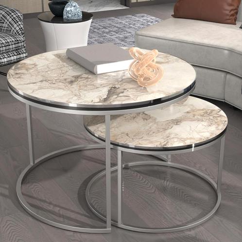 [en.casa] Salontafel Skagen set van 2 rond marmer wit en zil, Huis en Inrichting, Tafels | Salontafels, Verzenden