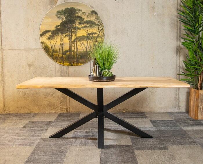 Boomstam eettafel massief acaciahout met spinpoot - 220x100, Huis en Inrichting, Tafels | Eettafels, Nieuw, Ophalen of Verzenden