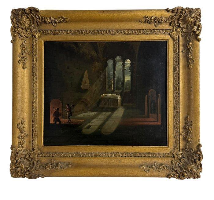 Continental school XIX centu - A gothic interior with tomb, Antiek en Kunst, Kunst | Schilderijen | Klassiek