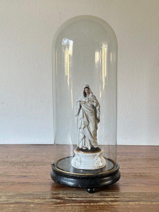 sculptuur, Maria met brandend hart in glazen stolp - 23.5 cm, Antiek en Kunst, Antiek | Boeken en Bijbels