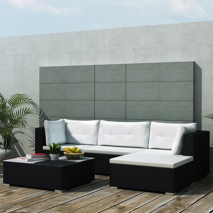 vidaXL 5-delige Loungeset met kussens poly rattan zwart, Tuin en Terras, Tuinsets en Loungesets, Loungeset, Nieuw, 5 zitplaatsen
