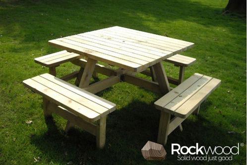 Rockwood® Picknicktafel Vierkant 1.15m    met 1 rugleuning, Tuin en Terras, Picknicktafels, Nieuw, Hout, Vierkant, Ophalen of Verzenden
