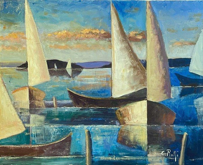 Claudio Rolfi (1960) - Navigare al tramonto, Antiek en Kunst, Kunst | Schilderijen | Modern