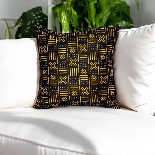 Afrikaans kussen | Zwart / Gele Bogolan - Sierkussen 45x45 -, Huis en Inrichting, Woonaccessoires | Kussens, Nieuw, Ophalen of Verzenden