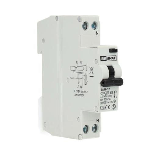 EMAT aardlekautomaat 1-polig+nul 20A C-kar 100mA (85006015), Doe-het-zelf en Verbouw, Elektra en Kabels, Verzenden