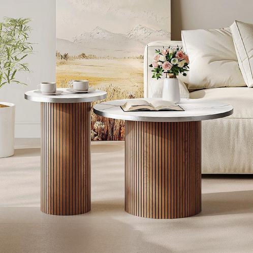 Salontafel Set - Hout en Marmerlook | Tijdelijke actie, Huis en Inrichting, Tafels | Salontafels, Nieuw, Ovaal, Verzenden