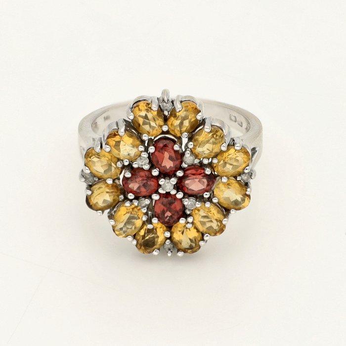 Ring - 14 karaat Witgoud Citrien - Granaat - Diamant, Sieraden, Tassen en Uiterlijk, Ringen